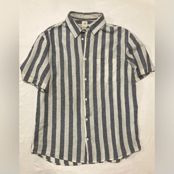 H&M men’s M regular fit button up shirt cotton and linen blend white/blue stripe - Picture 1 of 2